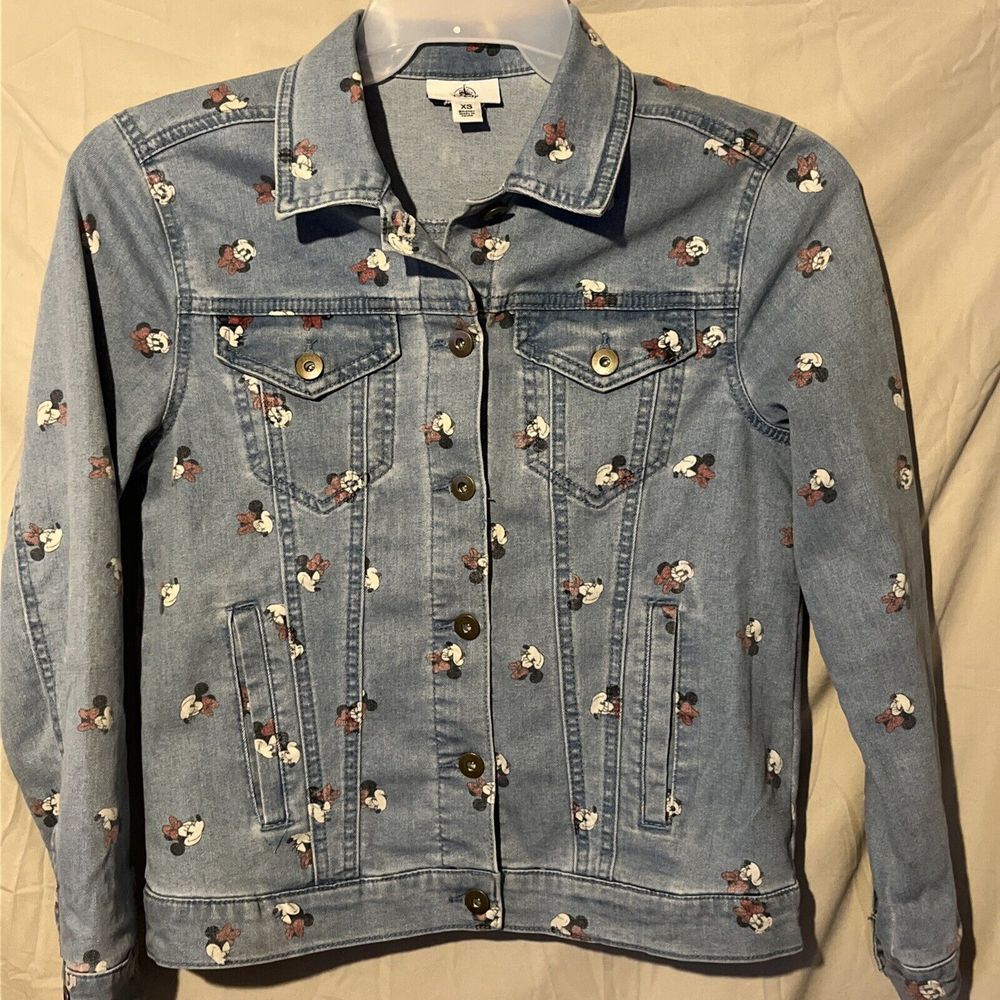 Disney Adult Minnie Mouse All Over Face‎ Print Denim Jean Jacket Women's XSmall
